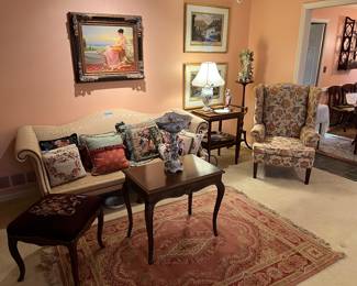 Chippendale sofa, French style bench and side table, wing chair, misc china, porcelain, artwork, rug