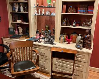 Books, bronzes, misc decor, oak office chair, prayer bench