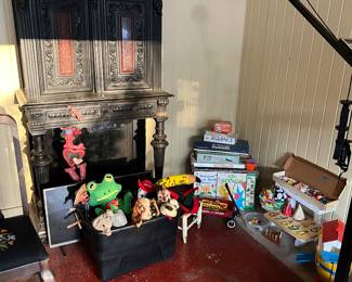 Painted cabinet, vintage toys