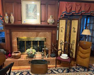 Inlaid magazine rack, screen, youth chair, copper washtub, antique lithographs, Maitland Smith vases