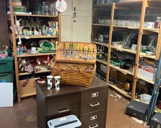 Misc glassware, filing cabinets, shredder seasonal decor