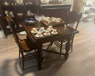 Pub table, oak chairs, misc vintage china and glass