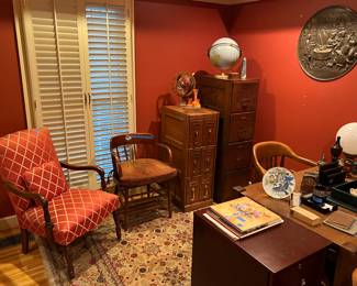 Antique oak filing cabinets, side chairs, misc