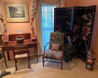 Biggs desk, arm chair, screen, misc