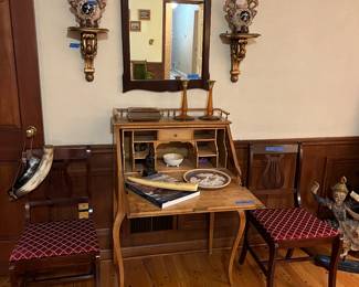 Desk, mirror, sconces, pair of side chairs