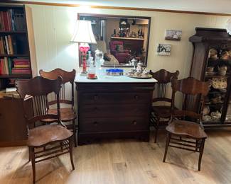 Marble top Empire chest, oak spindle back chairs, lamps, misc china, glass