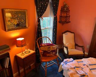 Gooseneck rocker, Windsor chair, small sewing cabinet, corner shelf, artwork, lamp