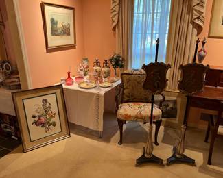 Fire screens, arm chair, vintage china, glass, artwork