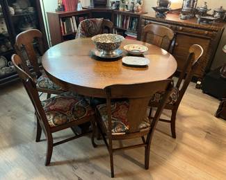 Oak dining table with 2 leaves, oak chairs, silver plate, misc china