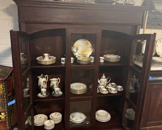 Empire breakfront, assorted vintage china, silver plate