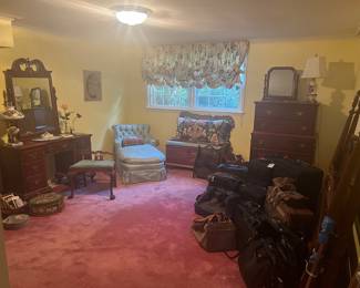 1940’s bed, chest and vanity, chaise, cedar chest, lamps, mirror, luggage