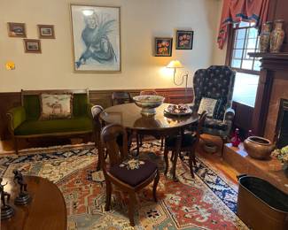 Antique setee, Biggs breakfast table, 6 ballon back dining chairs, artwork, floor lamp, misc decor