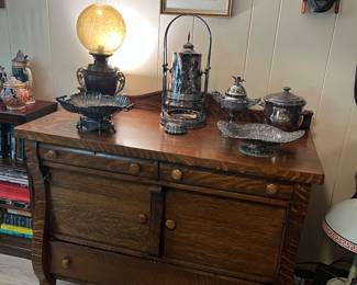 Oak sideboard, silver plate, B&H kerosene lamp