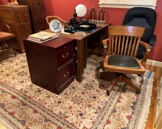 Oak desk, office chairs, misc, 7x10
Old Kashan rug