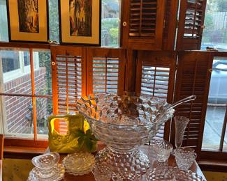 Large Fostoria American punch bowl and misc serving pieces, vintage tv lamp