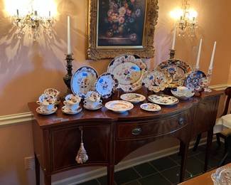 Biggs sideboard, china including Imari, Coalport, misc porcelain, artwork, sconces