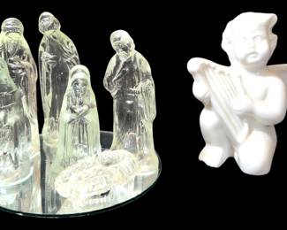 Glass Nativity Set wCeramic Angel Figurine