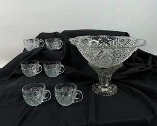 Faceted Cut Glass Punch Bowl & Cups