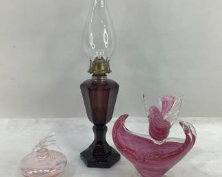 Glass Bird Sculpture, Crystal Perfume Bottle, and Kerosene Lamp