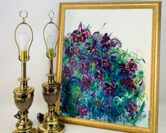 Trophy Urn-Style Lamps & Original Canvas Art