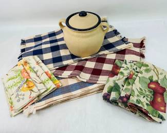 Monmouth Stoneware Bean Pot & Vintage Table Linens