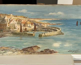 Painting done by British Artist Thomas Swift Hutton ( 1860-1935. He was known for his harbor scenes. This is signed on the front as well as the back. 