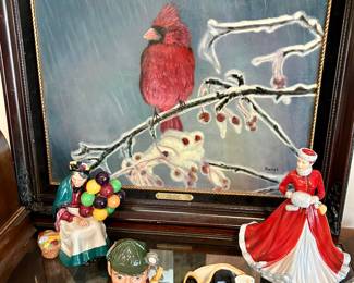 beautiful Cardinal oil painting in antique frame, Royal Doulton Ballon Seller and Noelle figures plus Toby Jugs
