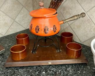 Vintage Retro Orange Fondue set with tray & Stand