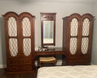 Vintage bedroom vanity suite with two matching armoires and small dresser