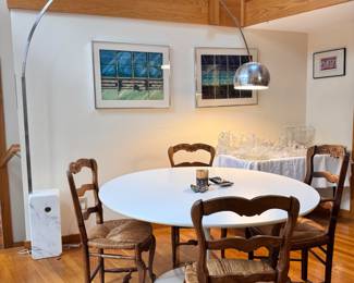 Arco MCM floor lamp and 54" round pedestal tulip table.