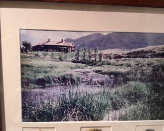 Framed fly fishing photograph with mounted flies