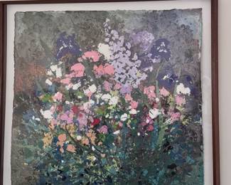 Mixed media floral paper collage in a shadow box frame.