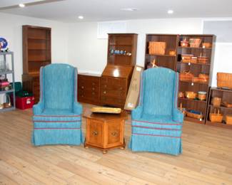 Pair of Ethan Allen Chairs, Ethan Allen Corner Desk / Bookcase in Background