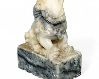 Carved Vintage Soapstone Chinese Foo Dog On Layered Base