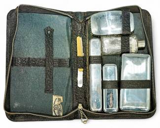 Antique Men's Travel Grooming Kit In Zippered Leather Case