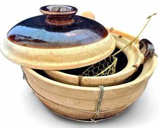 Vintage Chinese Two-Piece Clay Cooking Double-Boiler
