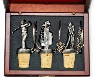 Set Of Three Navika Vintage Golf-Themed Pewter Bottle Stoppers In Wooden Case
