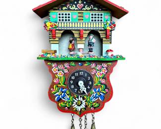 Decorative Black Forest Chalet-Style Cuckoo Clock With Painted Figures