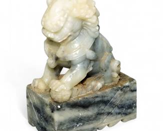Vintage Chinese Carved Soapstone Foo Dog Figurine On Layered Base