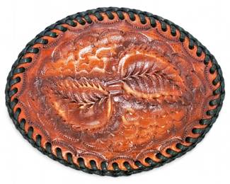 Hand Tooled Vintage Oval Leather Belt Buckle