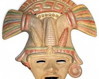 Vintage Mayan Clay Mask, Maize God (Hun Hunahpu) Design