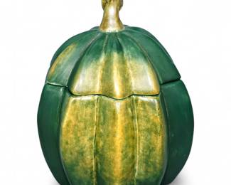 Glazed Ceramic Green Pumpkin-Shaped Lidded Jar With Golden Stem