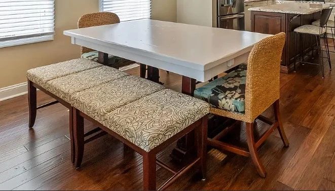 Dining set seats 8 - 4 benches; two end chairs; one table