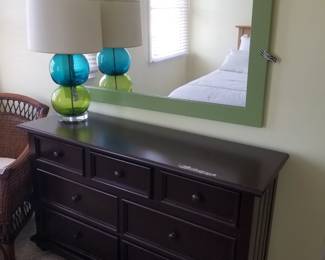 Lime green wave mirror; table lamp; 7-drawer dresser by Young America