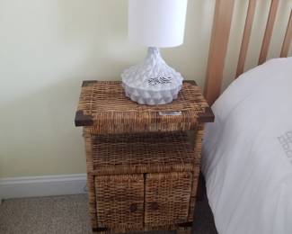 Table lamp; wicker cupboard style end table