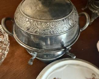 1800’s Wilcox Quadruple silver plate dome butter dish, engraved fairy garden