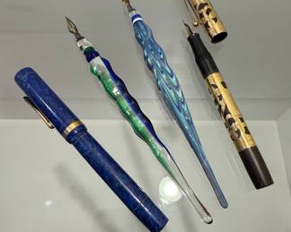Unique art glass fountain pens and an 18kt gold filled fountain pen with a 14kt gold tip