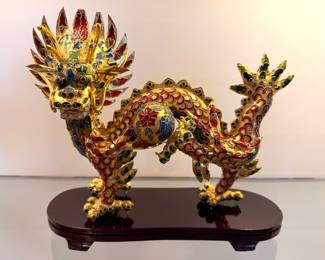 Gorgeous vintage Chinese Cloisonné dragon figurine on wood stand