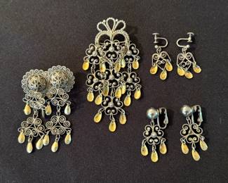 Vintage Norwegian Sølje sterling brooch, one additional brooch (not marked) and two pair of earrings (also not marked)