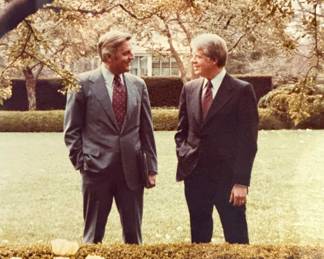 Official 1978 White House 24” x 20” photograph of Jimmy Carter and Walter Mondale speaking in the Rose Garden